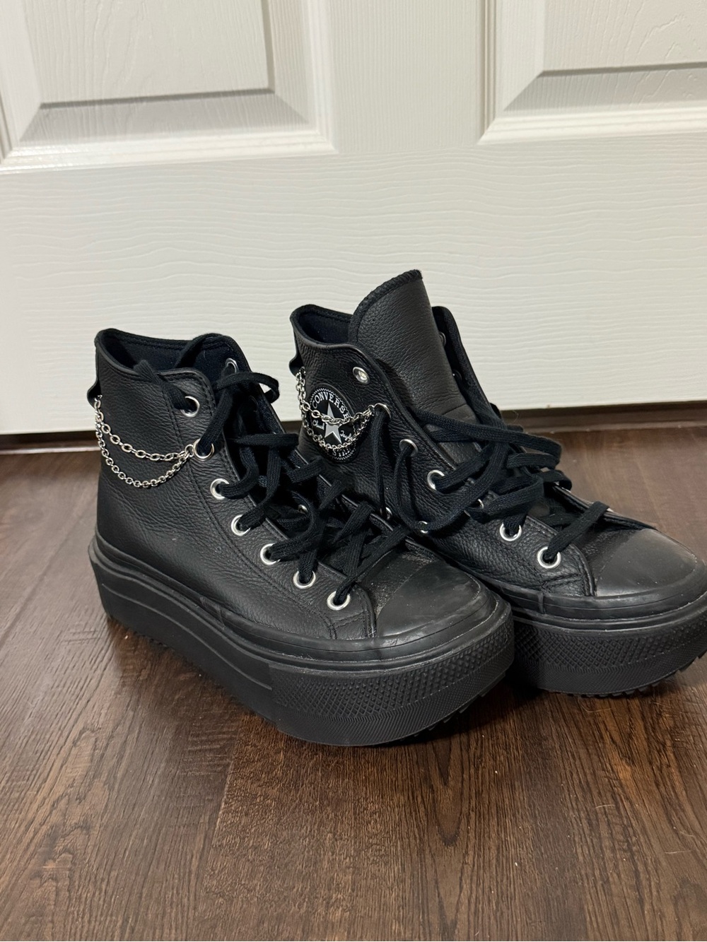 Converse Black Leather Platform Lace-Up Boots with Chain Accent